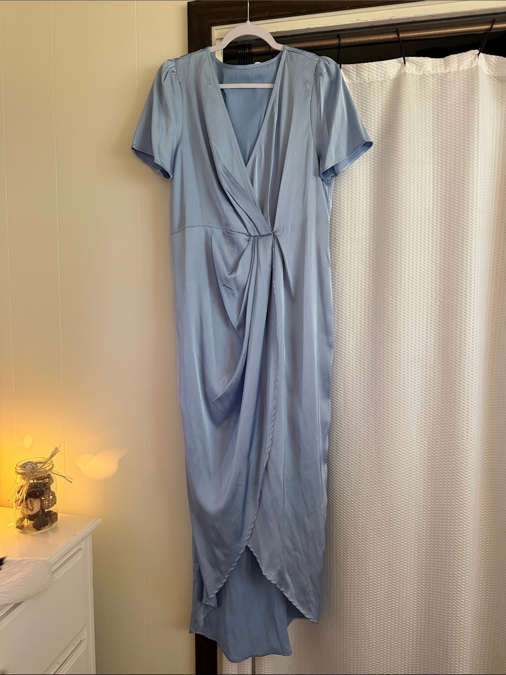 Light Blue Draped V-Neck Midi Dress